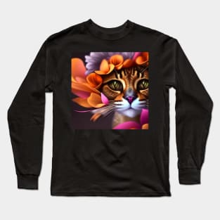 Cat and Flowers | White, brown and red cat with green eyes | Digital art Sticker Long Sleeve T-Shirt